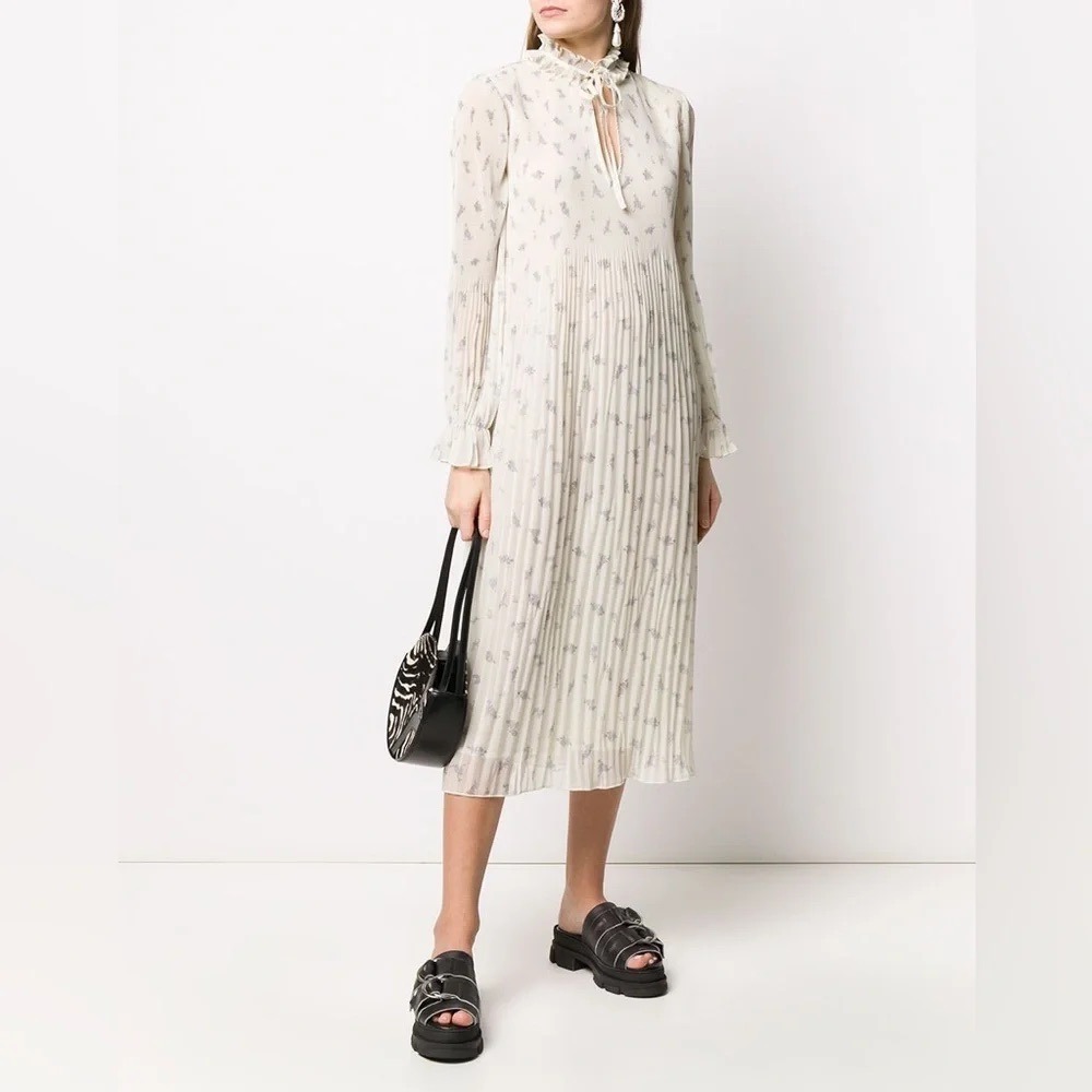 Ganni Georgette Pleated Dress 2 Cream Floral Ruffle Neck Scandi Chic Flowy Girly